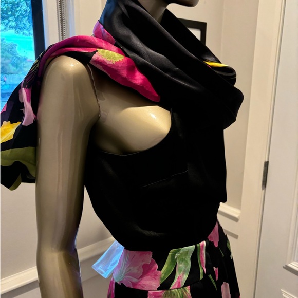 Carmen Marc Valvo 100% Silk Elegant Layered Flowy Black Top Floral Skirt 8 30” - Picture 15 of 16